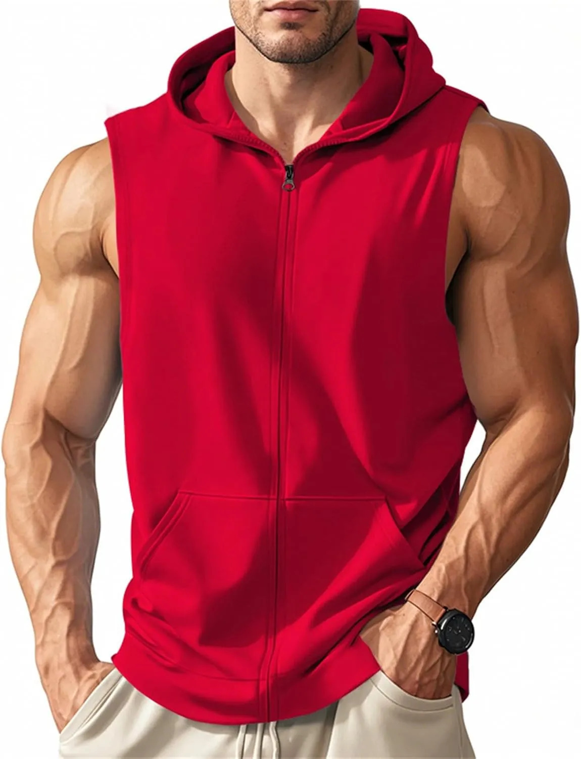 Men's Workout Hooded Tank Tops Zip Up Sleeveless Hoodie Bodybuilding Fitness Gym Muscle Cut Off T Shirt Training Vest