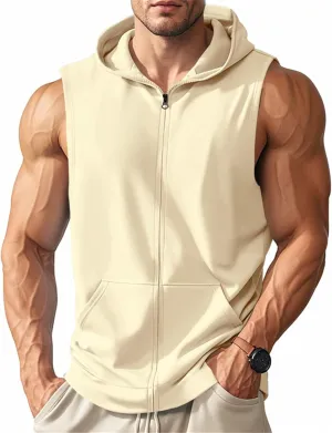 Men's Workout Hooded Tank Tops Zip Up Sleeveless Hoodie Bodybuilding Fitness Gym Muscle Cut Off T Shirt Training Vest