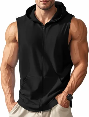 Men's Workout Hooded Tank Tops Zip Up Sleeveless Hoodie Bodybuilding Fitness Gym Muscle Cut Off T Shirt Training Vest