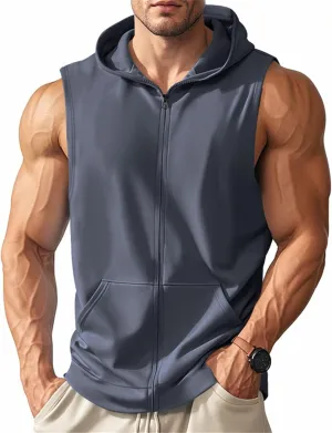 Men's Workout Hooded Tank Tops Zip Up Sleeveless Hoodie Bodybuilding Fitness Gym Muscle Cut Off T Shirt Training Vest