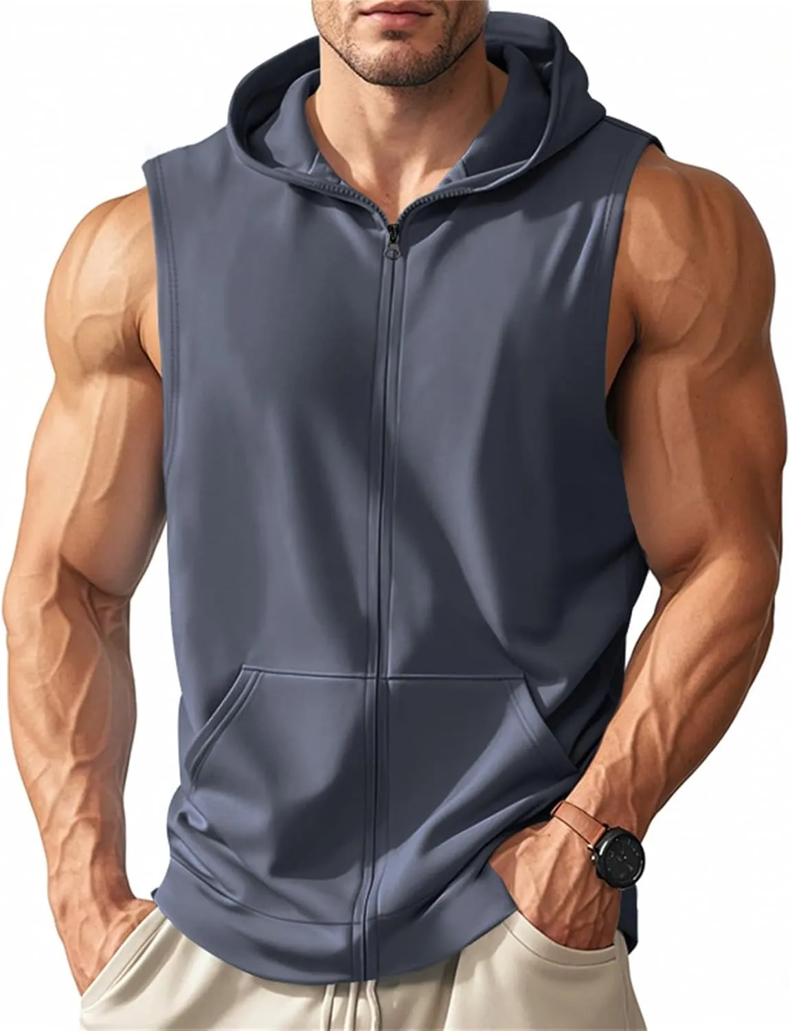 Men's Workout Hooded Tank Tops Zip Up Sleeveless Hoodie Bodybuilding Fitness Gym Muscle Cut Off T Shirt Training Vest
