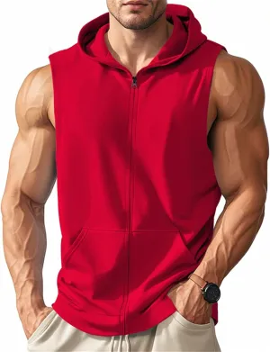Men's Workout Hooded Tank Tops Zip Up Sleeveless Hoodie Bodybuilding Fitness Gym Muscle Cut Off T Shirt Training Vest