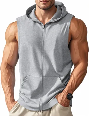 Men's Workout Hooded Tank Tops Zip Up Sleeveless Hoodie Bodybuilding Fitness Gym Muscle Cut Off T Shirt Training Vest