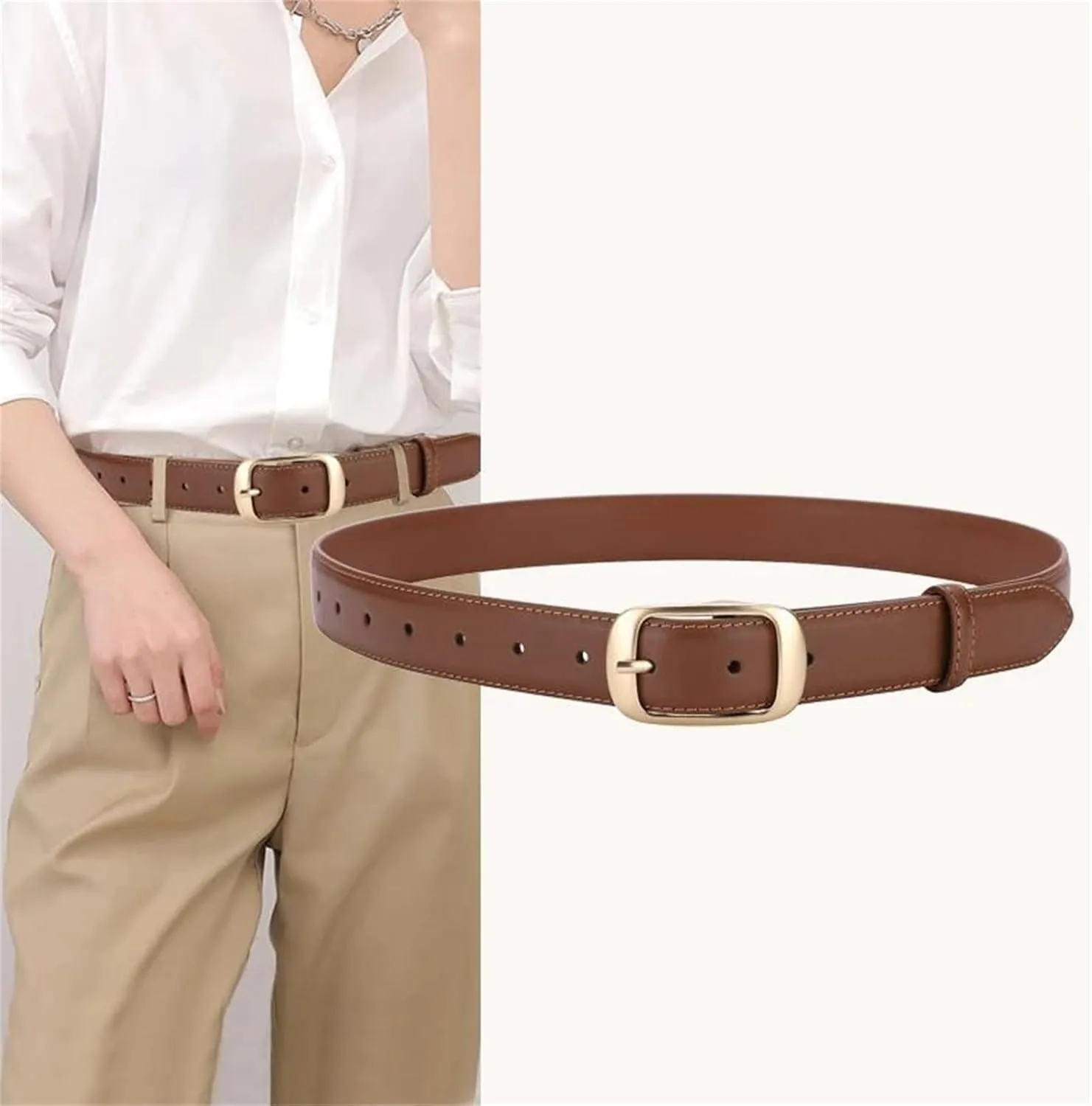 Mnjyihy Leather Belts For Women Fashion Gold Buckle Cowskin Belt For Jeans Pants Dresses