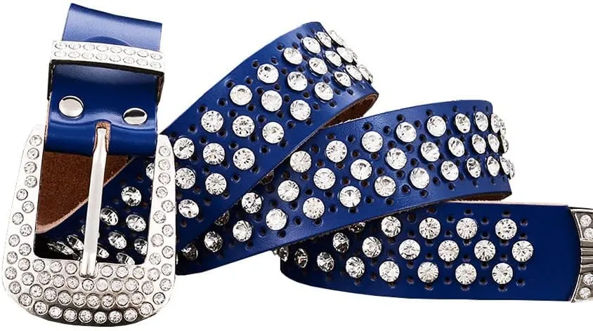 Mokkpeq Shining Cowgirl Cowboy Studded Belts Rhinestone Cowskin Leather Belts with Pin Buckle Strap Belt