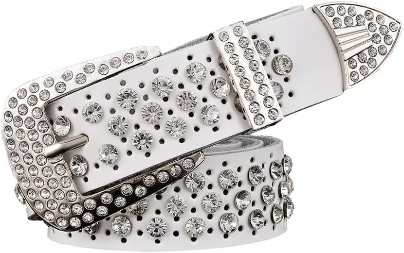 Mokkpeq Shining Cowgirl Cowboy Studded Belts Rhinestone Cowskin Leather Belts with Pin Buckle Strap Belt
