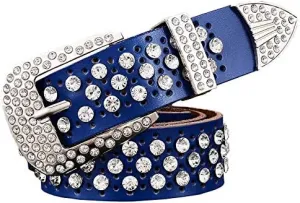 Mokkpeq Shining Cowgirl Cowboy Studded Belts Rhinestone Cowskin Leather Belts with Pin Buckle Strap Belt