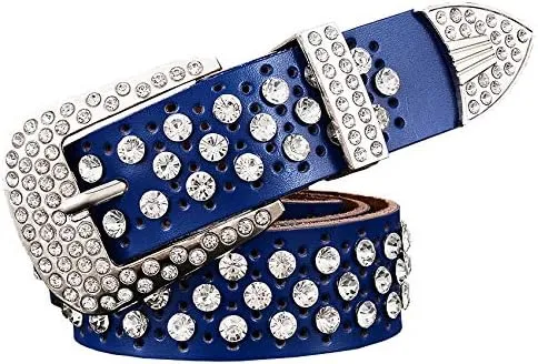 Mokkpeq Shining Cowgirl Cowboy Studded Belts Rhinestone Cowskin Leather Belts with Pin Buckle Strap Belt