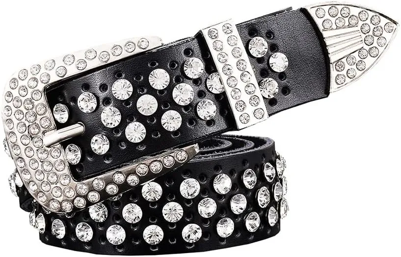 Mokkpeq Shining Cowgirl Cowboy Studded Belts Rhinestone Cowskin Leather Belts with Pin Buckle Strap Belt