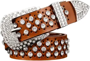 Mokkpeq Shining Cowgirl Cowboy Studded Belts Rhinestone Cowskin Leather Belts with Pin Buckle Strap Belt