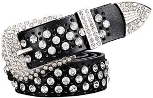 Mokkpeq Shining Cowgirl Cowboy Studded Belts Rhinestone Cowskin Leather Belts with Pin Buckle Strap Belt