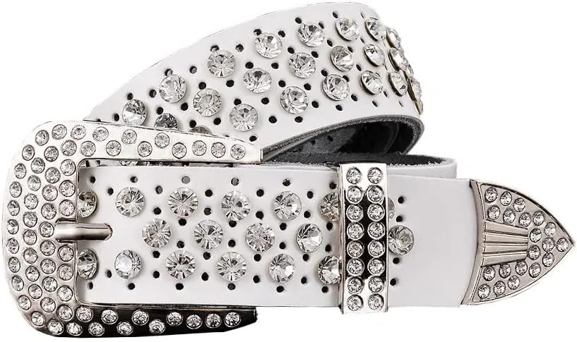 Mokkpeq Shining Cowgirl Cowboy Studded Belts Rhinestone Cowskin Leather Belts with Pin Buckle Strap Belt
