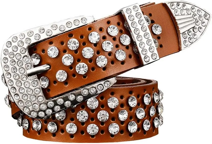 Mokkpeq Shining Cowgirl Cowboy Studded Belts Rhinestone Cowskin Leather Belts with Pin Buckle Strap Belt
