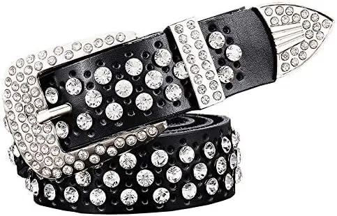 Mokkpeq Shining Cowgirl Cowboy Studded Belts Rhinestone Cowskin Leather Belts with Pin Buckle Strap Belt