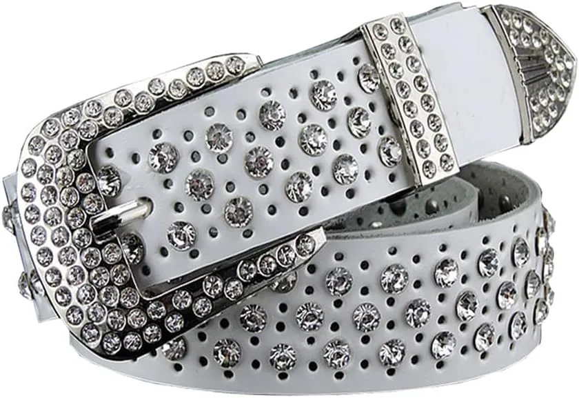 Mokkpeq Shining Cowgirl Cowboy Studded Belts Rhinestone Cowskin Leather Belts with Pin Buckle Strap Belt