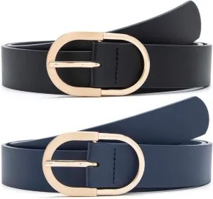 MORELESS 2 Pack Women's Leather Belts for Jeans Pants with Fashion Center Bar Buckle