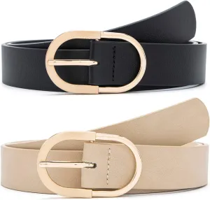 MORELESS 2 Pack Women's Leather Belts for Jeans Pants with Fashion Center Bar Buckle