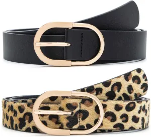 MORELESS 2 Pack Women's Leather Belts for Jeans Pants with Fashion Center Bar Buckle