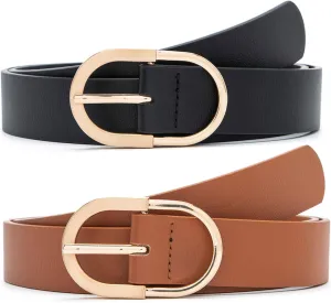 MORELESS 2 Pack Women's Leather Belts for Jeans Pants with Fashion Center Bar Buckle