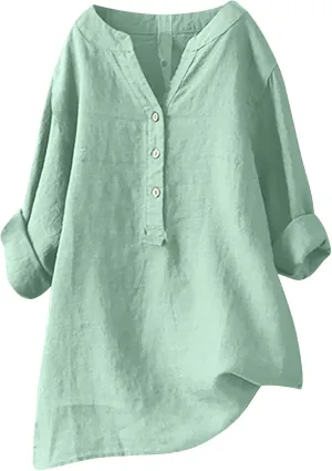 NaRHbrg Women's Cotton Linen Blouses Long Sleeve V Neck Henley Shirts Summer Loose Fit Casual Tunic Tops Comfy Solid Blouses