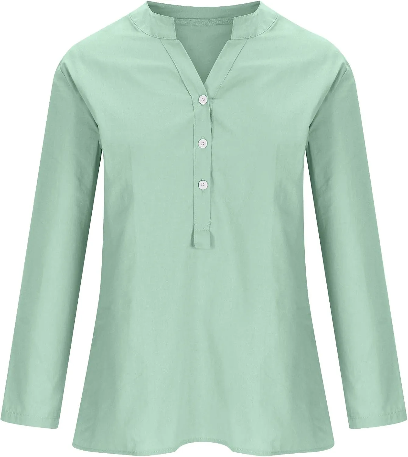 NaRHbrg Women's Cotton Linen Blouses Long Sleeve V Neck Henley Shirts Summer Loose Fit Casual Tunic Tops Comfy Solid Blouses