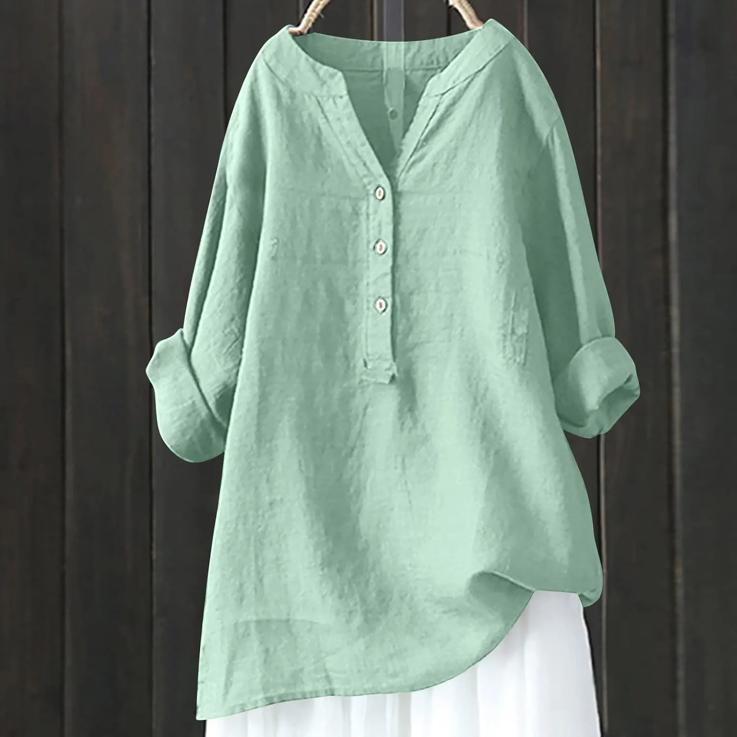 NaRHbrg Women's Cotton Linen Blouses Long Sleeve V Neck Henley Shirts Summer Loose Fit Casual Tunic Tops Comfy Solid Blouses