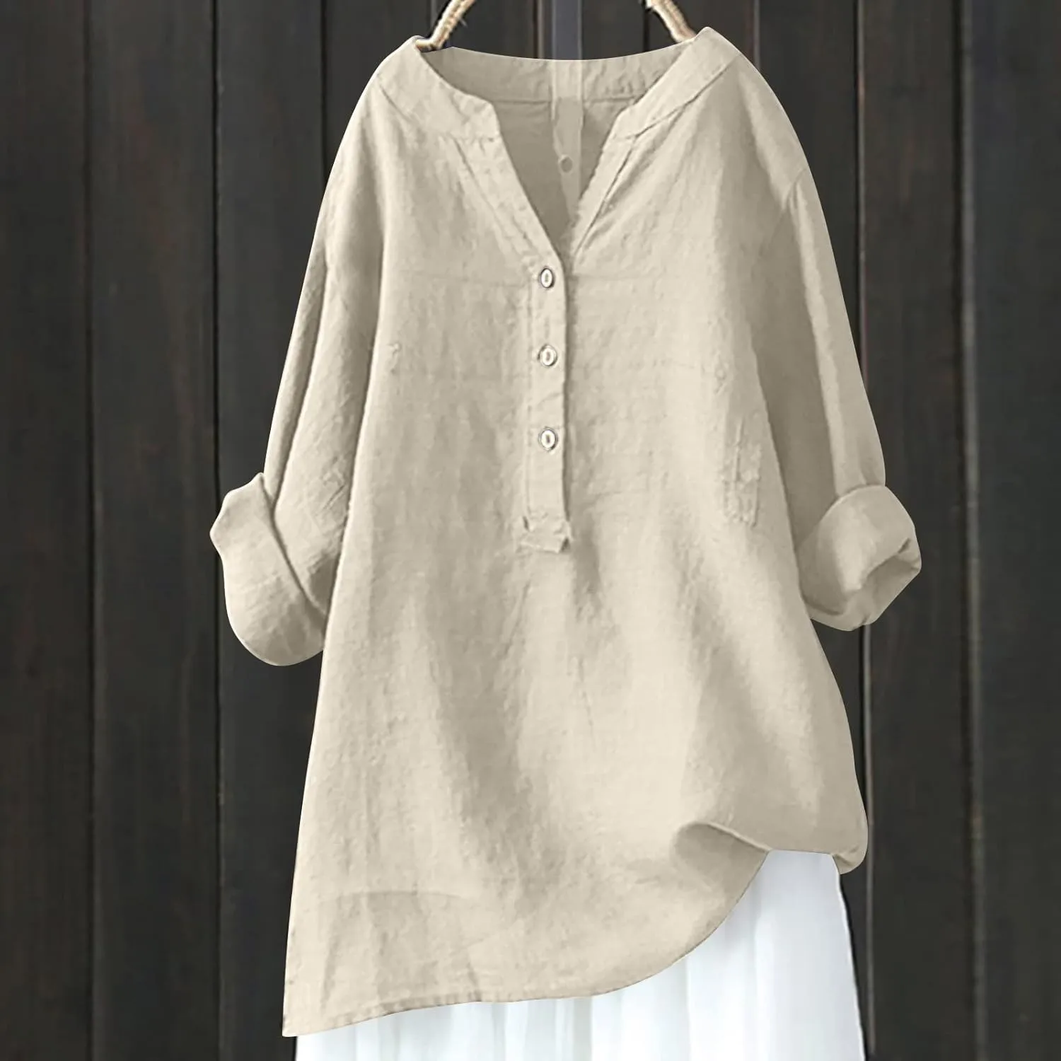 NaRHbrg Women's Cotton Linen Blouses Long Sleeve V Neck Henley Shirts Summer Loose Fit Casual Tunic Tops Comfy Solid Blouses