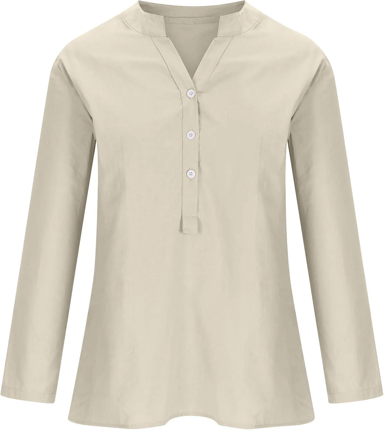 NaRHbrg Women's Cotton Linen Blouses Long Sleeve V Neck Henley Shirts Summer Loose Fit Casual Tunic Tops Comfy Solid Blouses
