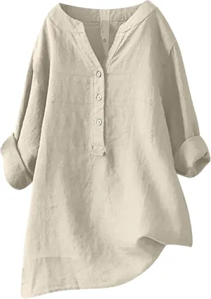 NaRHbrg Women's Cotton Linen Blouses Long Sleeve V Neck Henley Shirts Summer Loose Fit Casual Tunic Tops Comfy Solid Blouses