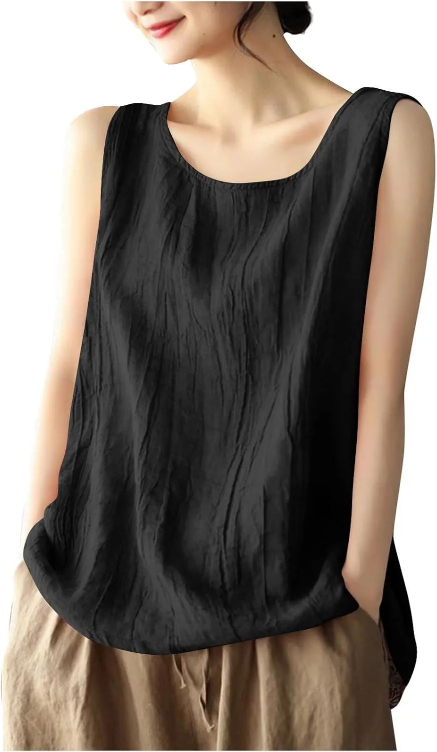 Oplxuo Cotton Linen Tank Tops for Women Loose Fit Sleeveless Round Neck Tee Shirts Summer Casual Flowy Blouses Tunic Tops