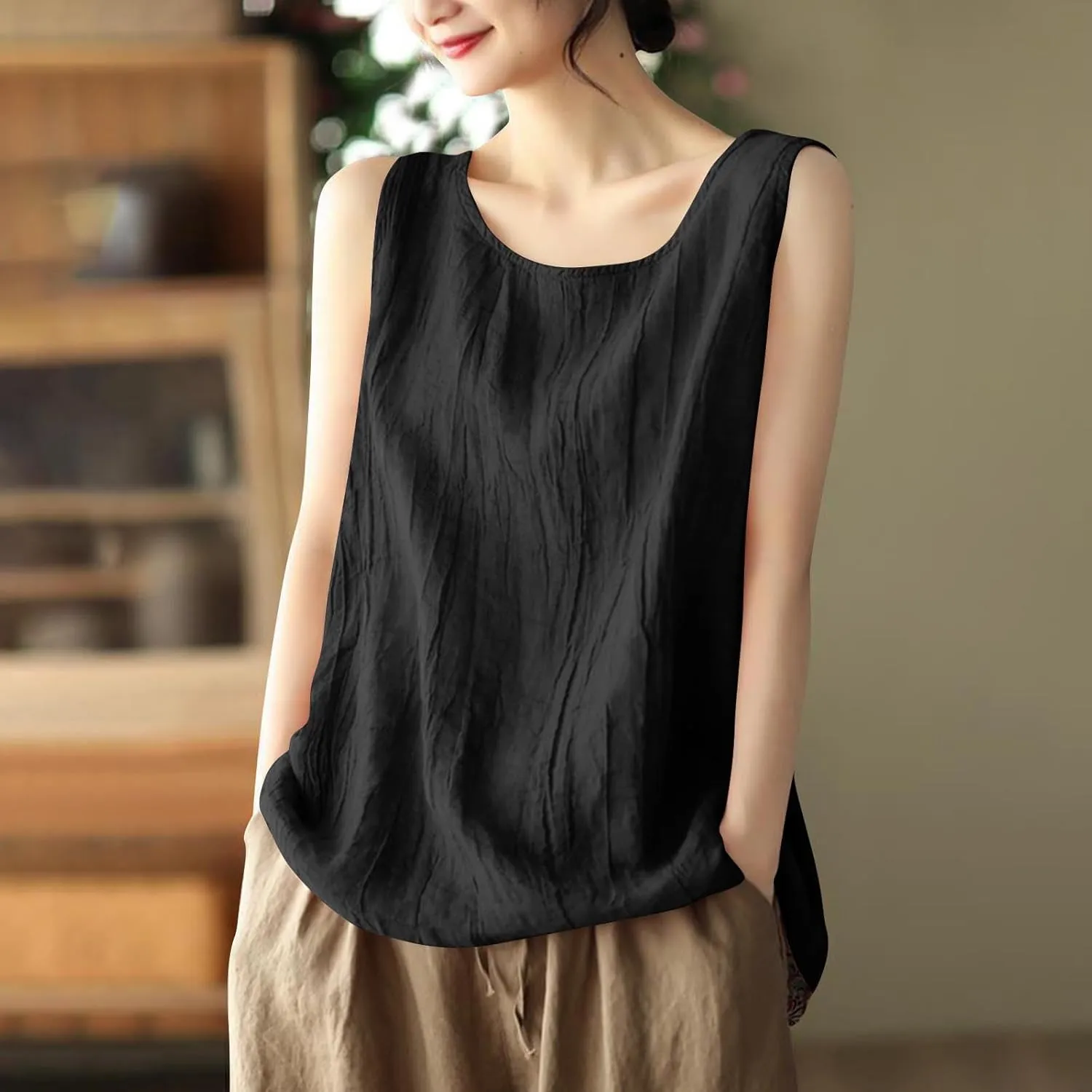 Oplxuo Cotton Linen Tank Tops for Women Loose Fit Sleeveless Round Neck Tee Shirts Summer Casual Flowy Blouses Tunic Tops