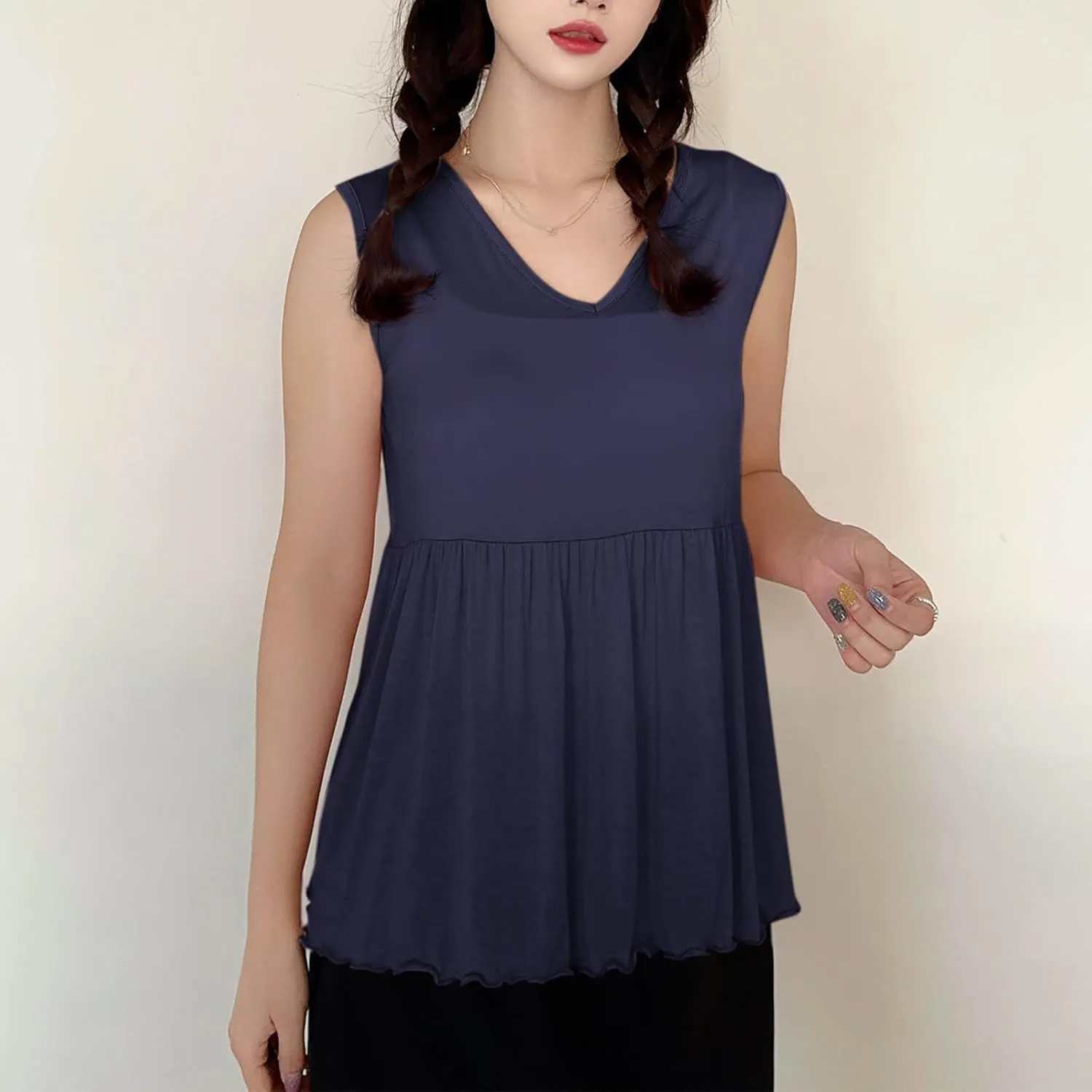 Oplxuo Women Sleeveless Tank Top V-Neck Ruffle Hem Camisole Casual Loose Layering Cami Undershirt for Yoga
