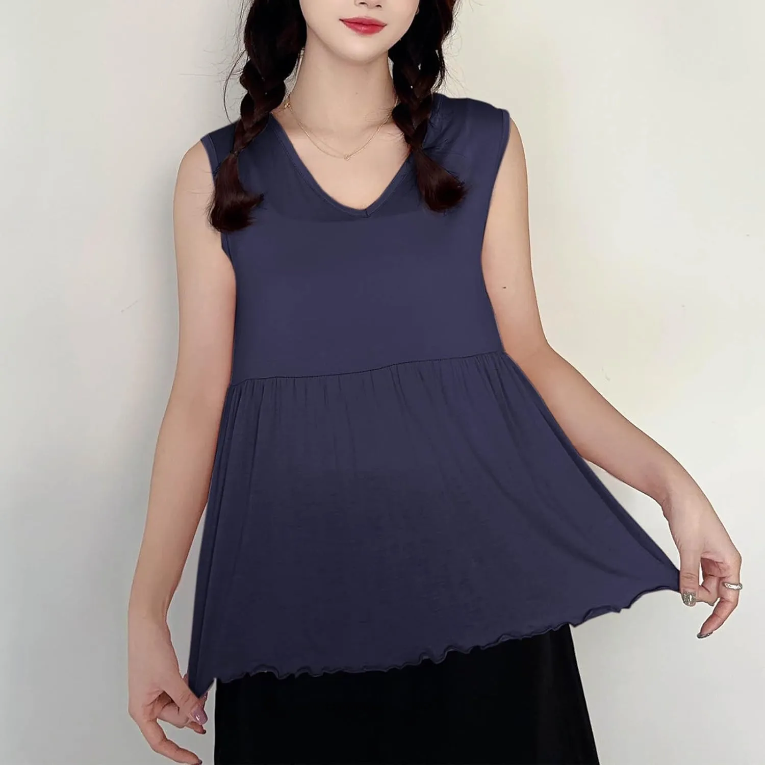 Oplxuo Women Sleeveless Tank Top V-Neck Ruffle Hem Camisole Casual Loose Layering Cami Undershirt for Yoga