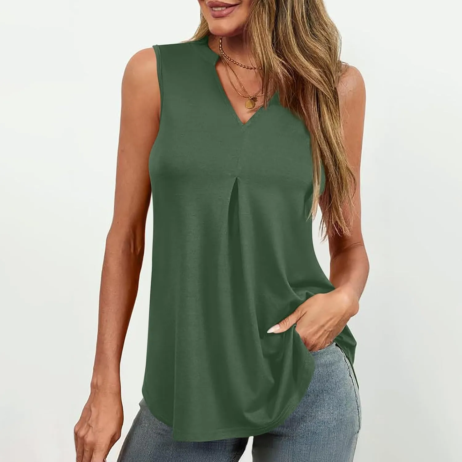 Oplxuo Women V Neck Pleated Tank Tops Trendy Dressy Sleeveless Shirts Casual Cute Blouses Solid Summer Tanks
