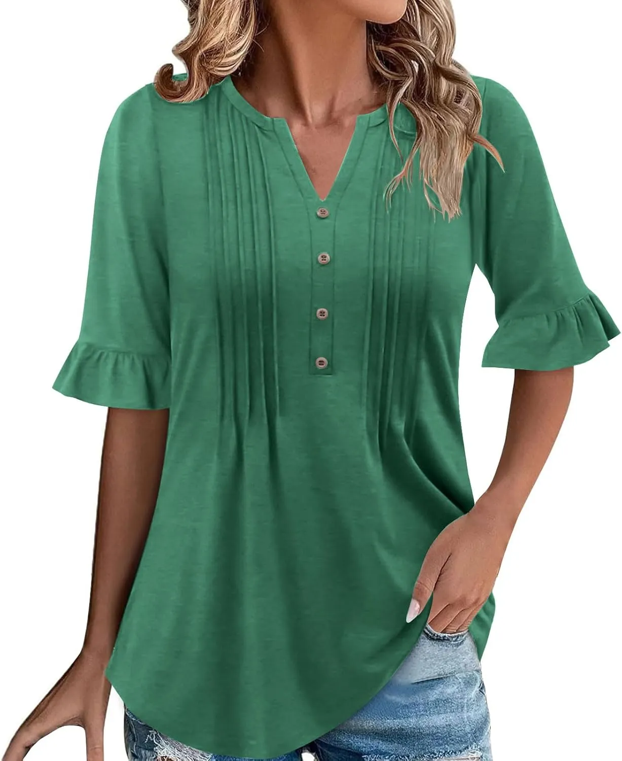 Oplxuo Womens Button Down Shirts Ruffle Short Sleeve V-Neck Pleated Front Tunic Tops Dressy Casual Work Blouses