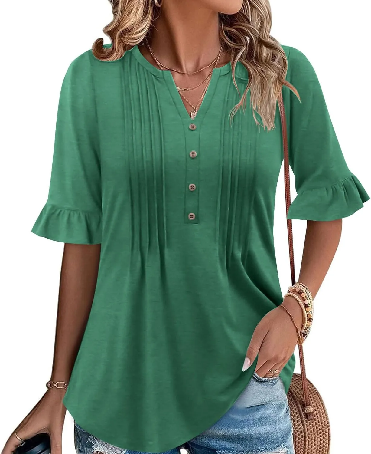 Oplxuo Womens Button Down Shirts Ruffle Short Sleeve V-Neck Pleated Front Tunic Tops Dressy Casual Work Blouses