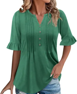 Oplxuo Womens Button Down Shirts Ruffle Short Sleeve V-Neck Pleated Front Tunic Tops Dressy Casual Work Blouses