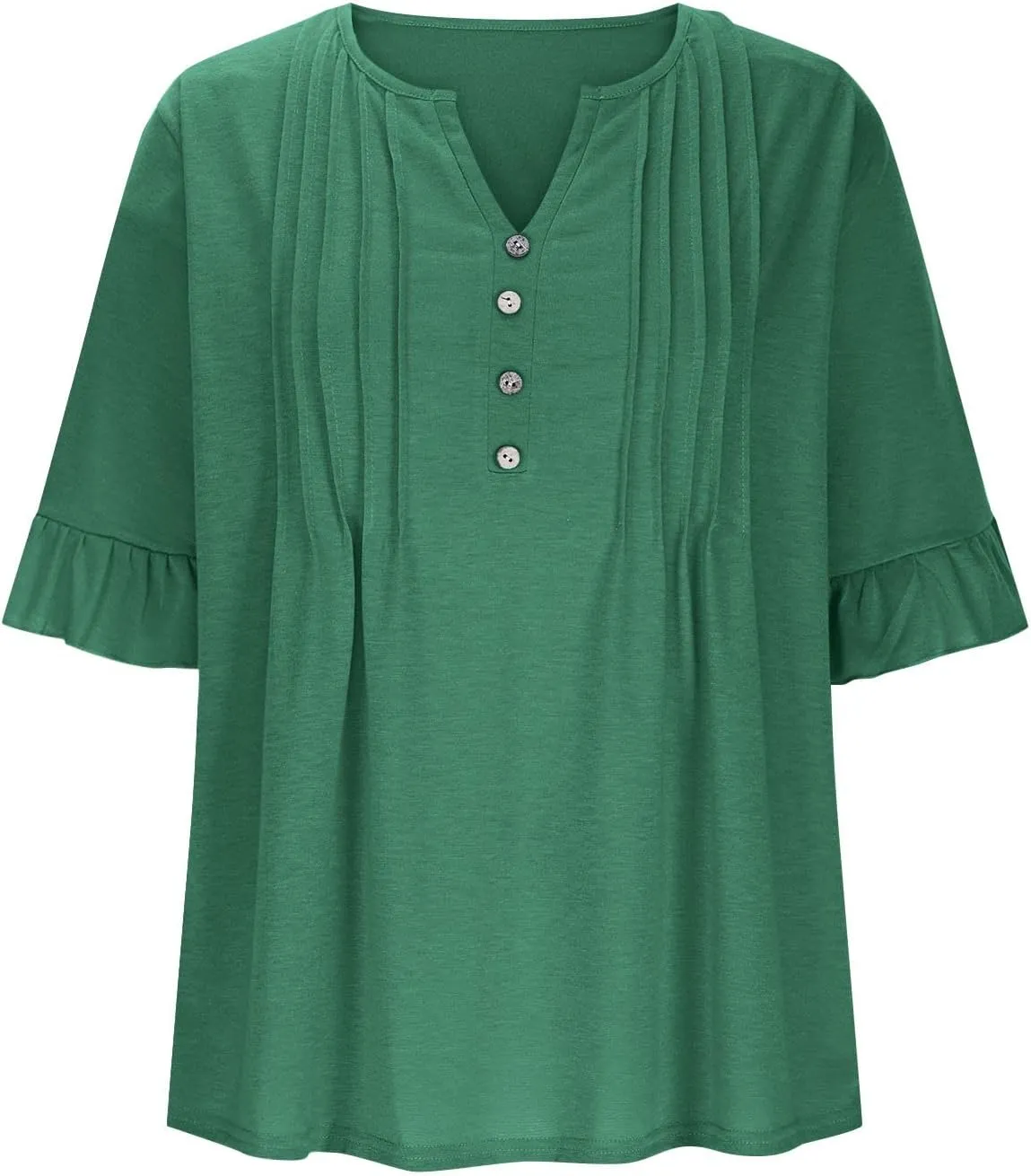 Oplxuo Womens Button Down Shirts Ruffle Short Sleeve V-Neck Pleated Front Tunic Tops Dressy Casual Work Blouses