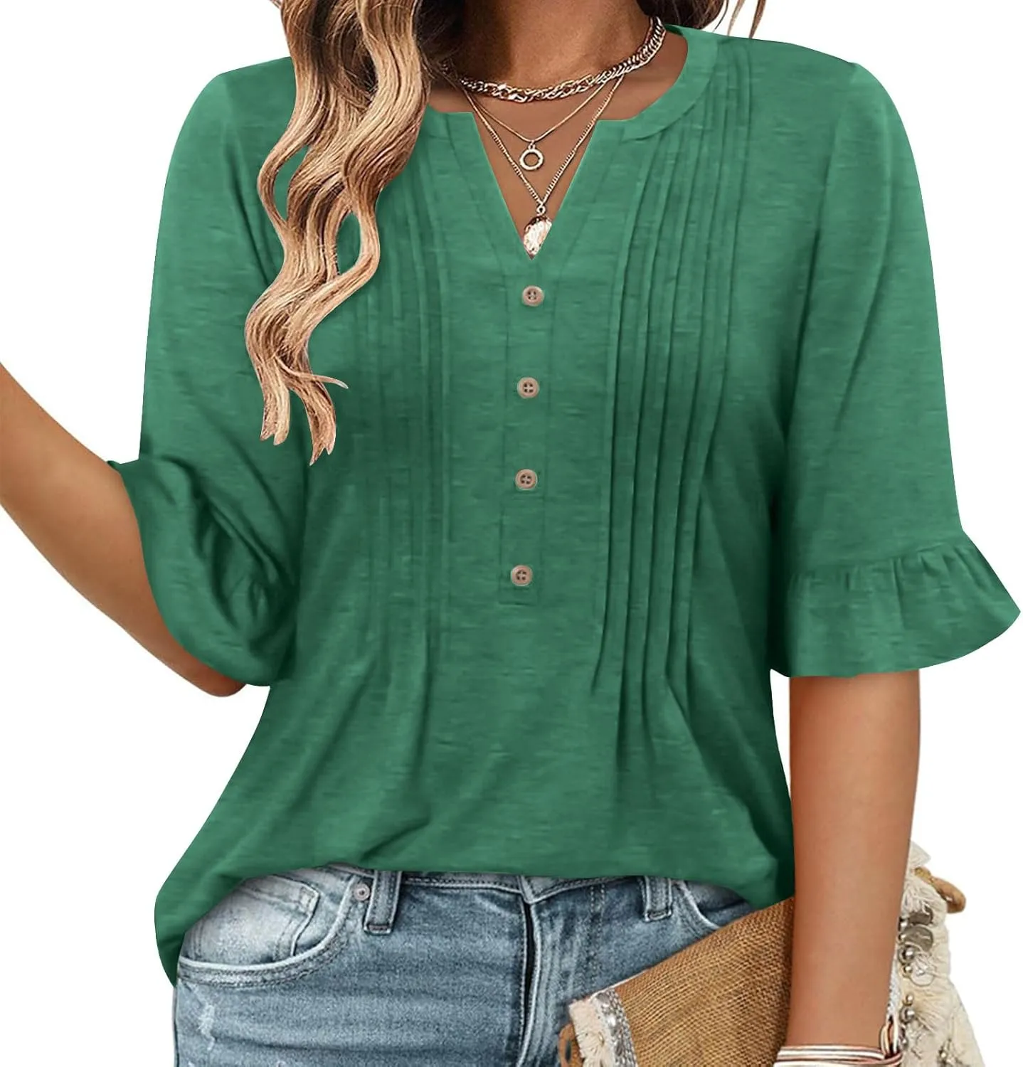 Oplxuo Womens Button Down Shirts Ruffle Short Sleeve V-Neck Pleated Front Tunic Tops Dressy Casual Work Blouses