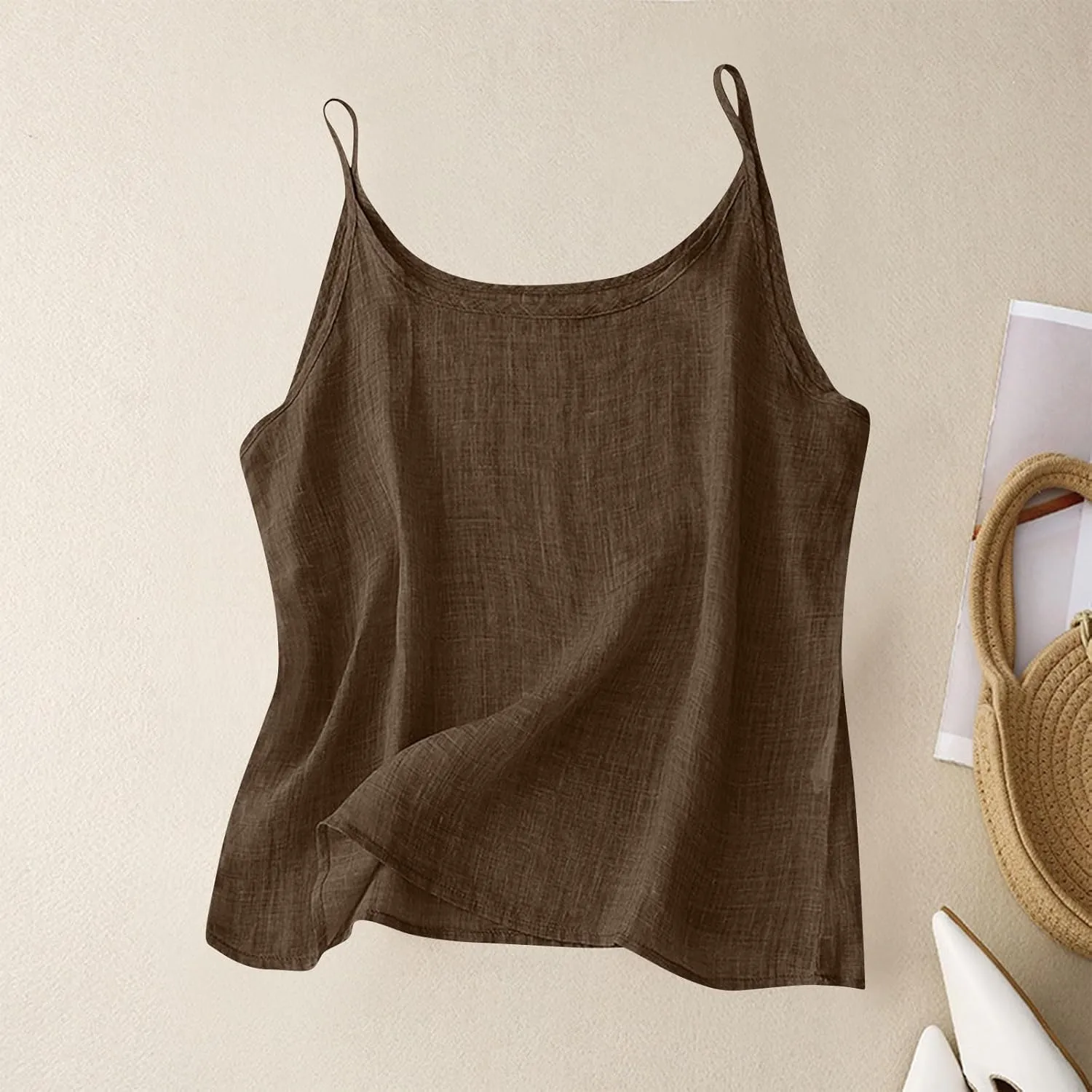 Oplxuo Womens Linen Tank Top Sleeveless Spaghetti Strap Camisole Tops Casual Solid Color Tee Shirts Summer Flowy Tank Top