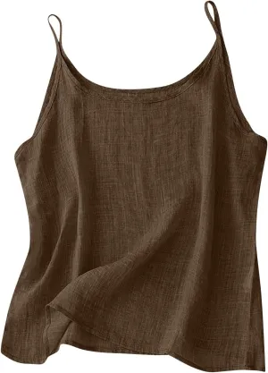 Oplxuo Womens Linen Tank Top Sleeveless Spaghetti Strap Camisole Tops Casual Solid Color Tee Shirts Summer Flowy Tank Top