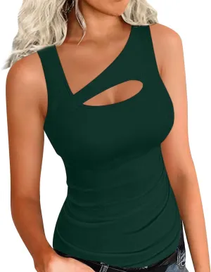 Oplxuo Womens Summer Cutout Tank Tops Asymmetric Neck Sleeveless Shirts Ribbed Tanks Slim Fitted Y2K Sexy Basic Tee Shirts