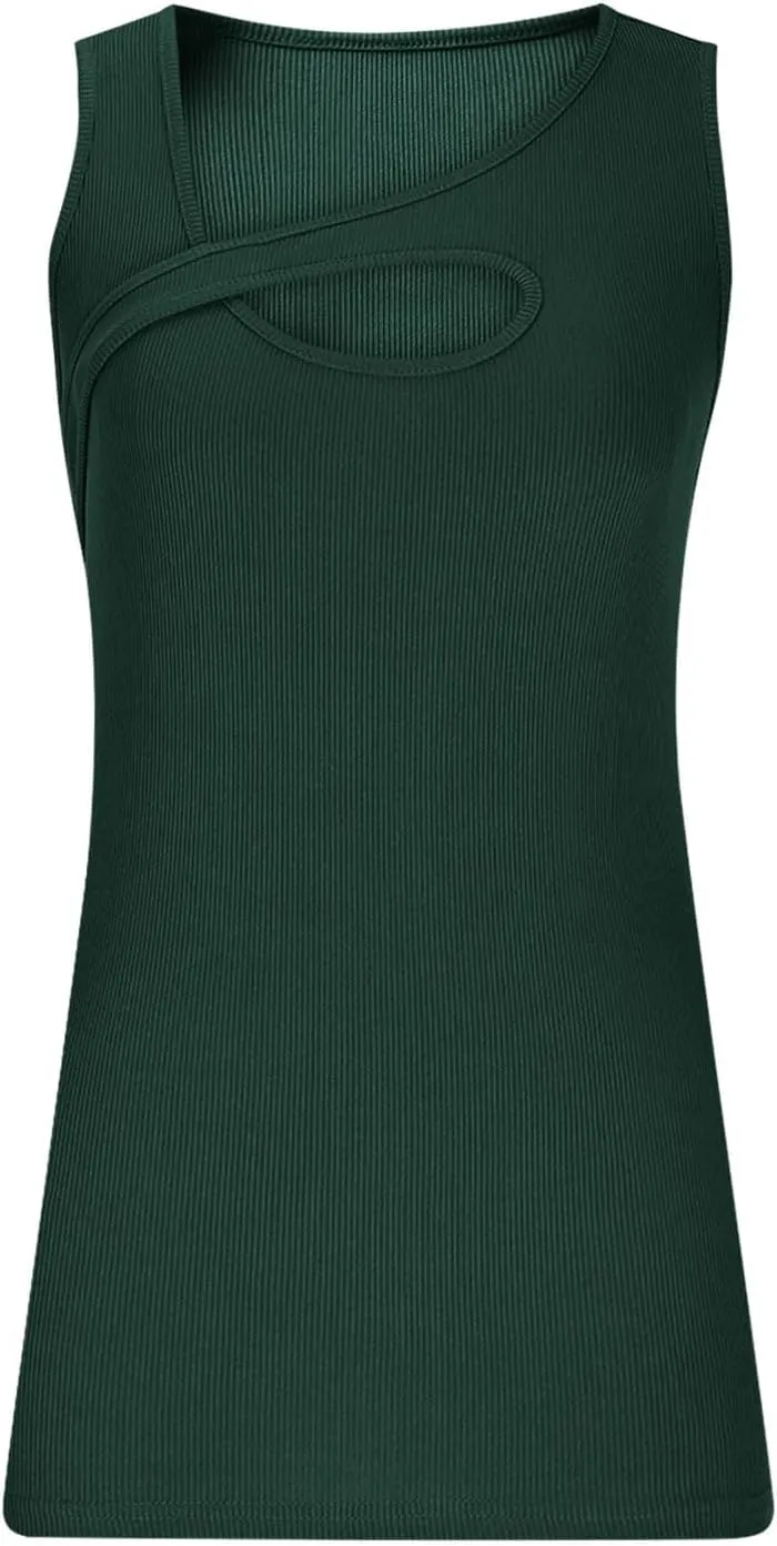 Oplxuo Womens Summer Cutout Tank Tops Asymmetric Neck Sleeveless Shirts Ribbed Tanks Slim Fitted Y2K Sexy Basic Tee Shirts