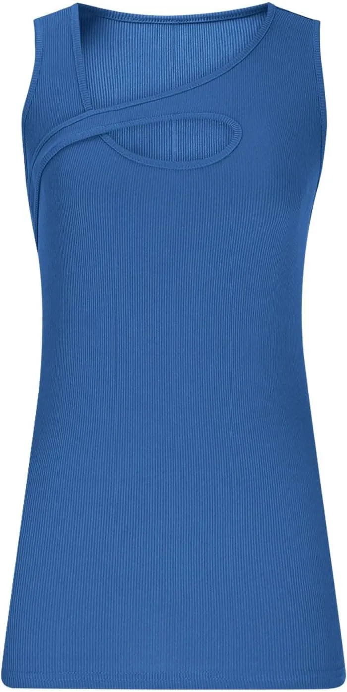 Oplxuo Womens Summer Cutout Tank Tops Asymmetric Neck Sleeveless Shirts Ribbed Tanks Slim Fitted Y2K Sexy Basic Tee Shirts