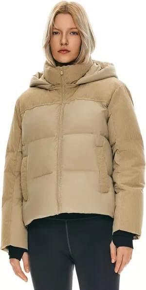 Orolay Women's Cropped Puffer Jacket Winter Hooded Zip Quilted Down Coat Warm Corduroy Fashion Outerwear with Pockets