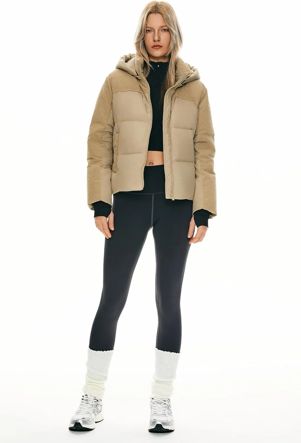 Orolay Women's Cropped Puffer Jacket Winter Hooded Zip Quilted Down Coat Warm Corduroy Fashion Outerwear with Pockets