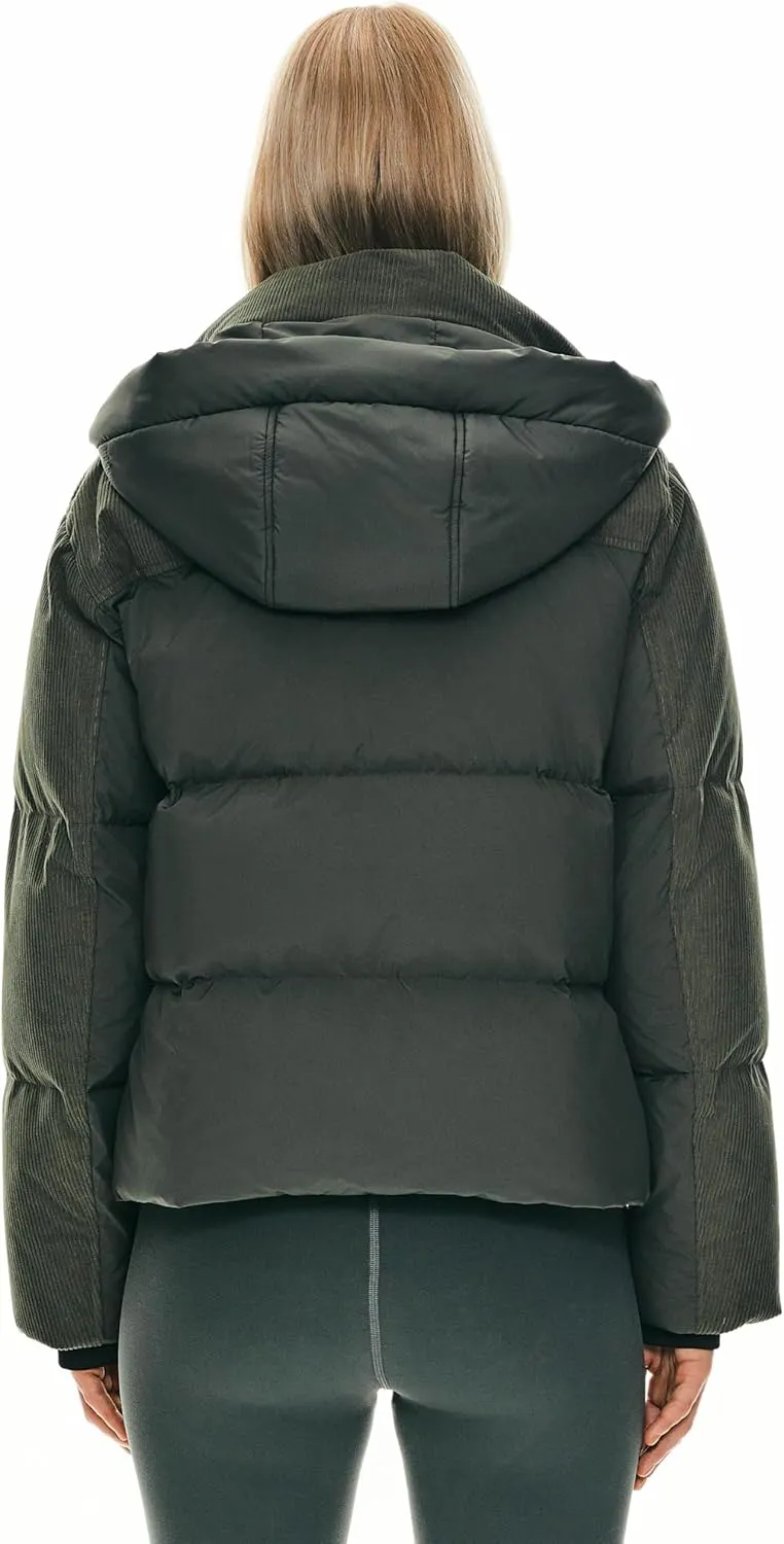 Orolay Women's Cropped Puffer Jacket Winter Hooded Zip Quilted Down Coat Warm Corduroy Fashion Outerwear with Pockets