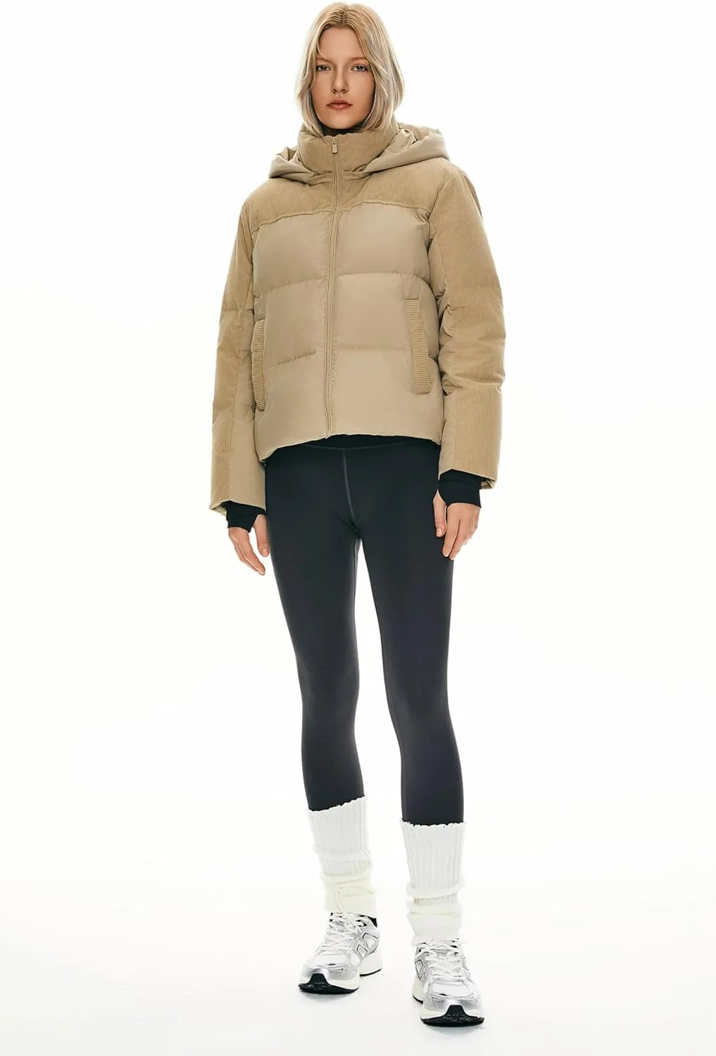 Orolay Women's Cropped Puffer Jacket Winter Hooded Zip Quilted Down Coat Warm Corduroy Fashion Outerwear with Pockets
