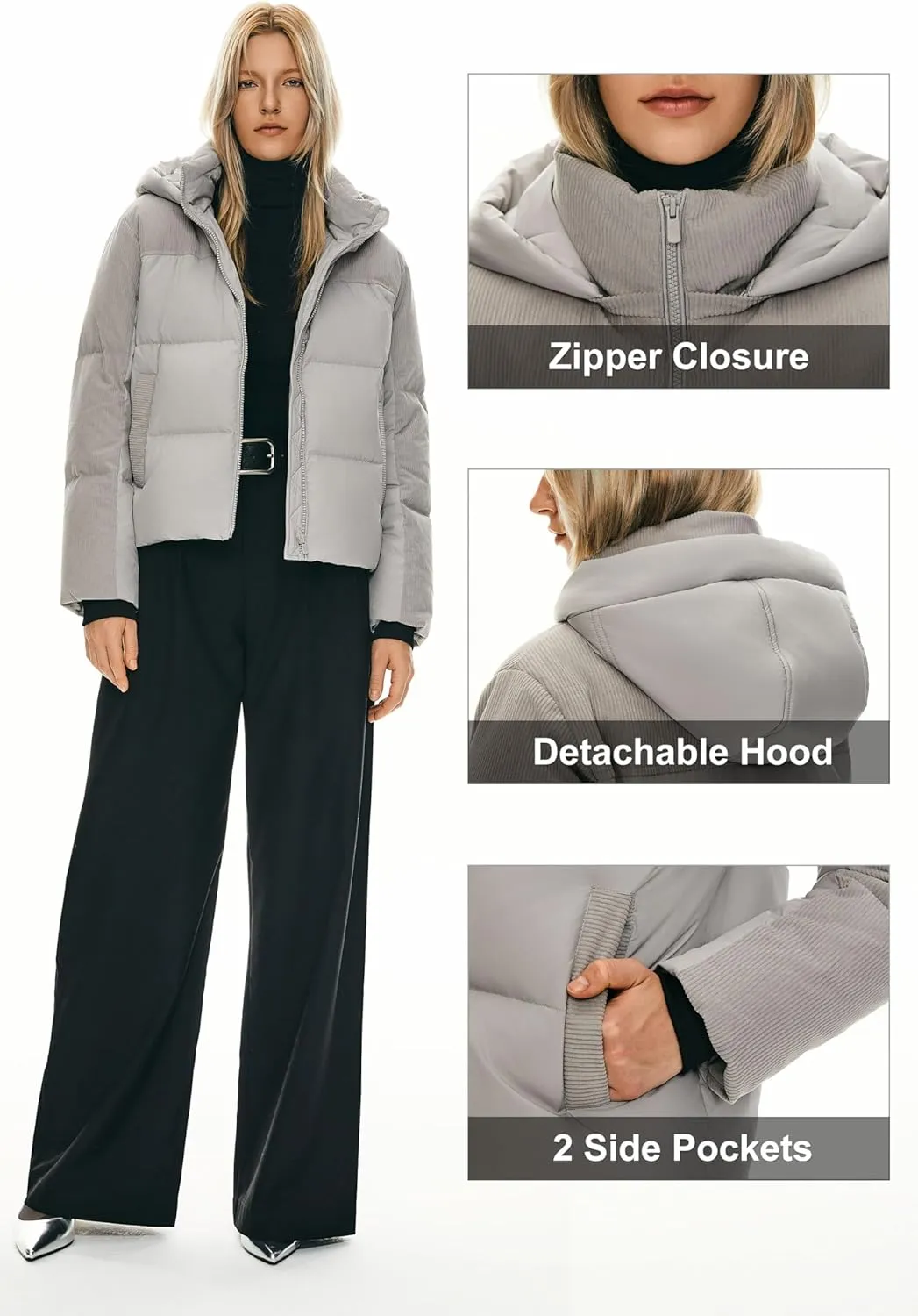 Orolay Women's Cropped Puffer Jacket Winter Hooded Zip Quilted Down Coat Warm Corduroy Fashion Outerwear with Pockets