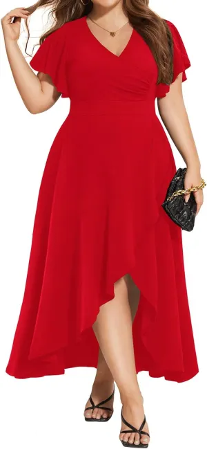 Pinup Fashion Women Plus Size Dresses Wedding Guest - Formal Cocktail Wrap High Low Long Dress